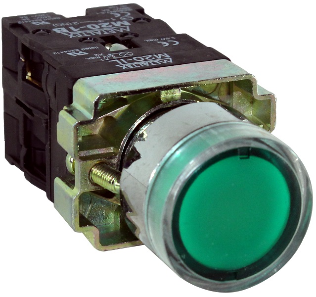 Pulsador iluminado 22mm metálico - verde 220V - 1NA+1NC