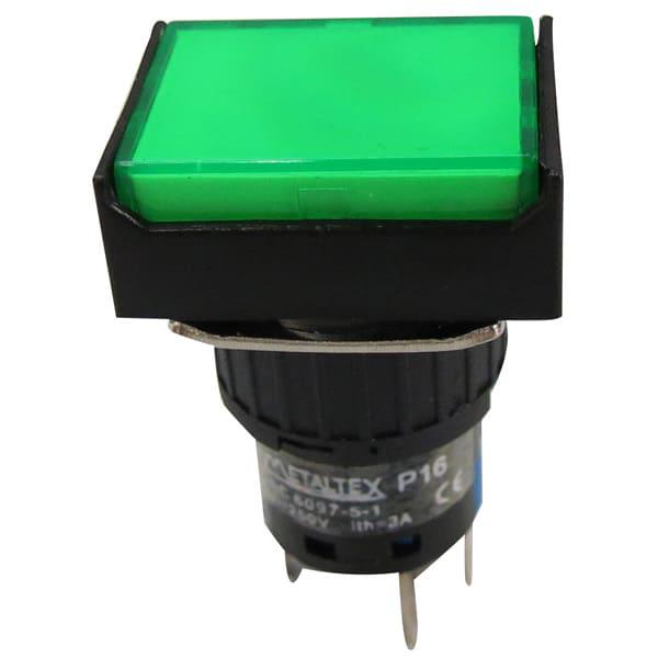 Pulsador iluminado 16mm rectangular sin retención verde 220V - 1 Inversor