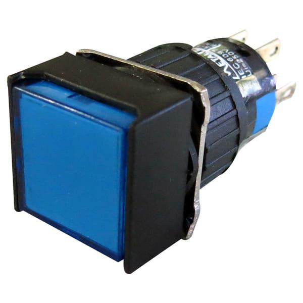 Pulsador iluminado 16mm cuadrado sin retención azul 220V - 2 Inversores