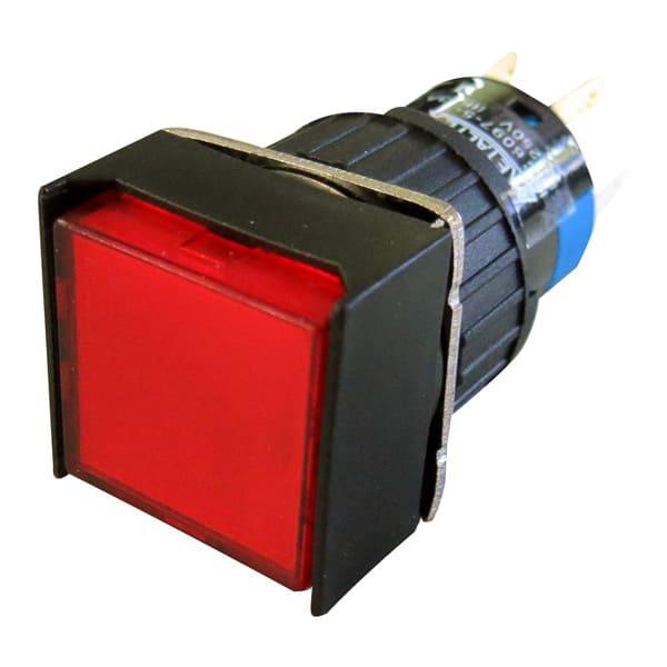 Pulsador iluminado 16mm cuadrado sin retención rojo 220V - 2 Inversores