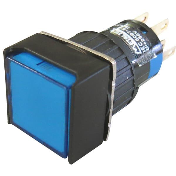 Pulsador iluminado 16mm cuadrado sin retención azul 24V - 2 Inversores