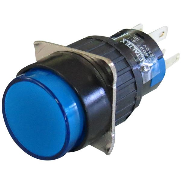 Pulsador iluminado 16mm redondo con retención azul 220V - 2 Inversores