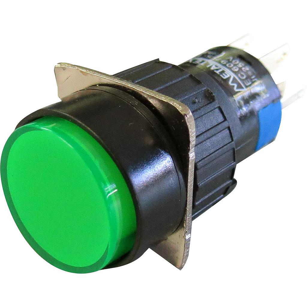 Pulsador iluminado 16mm redondo con retención verde 220V - 2 Inversores
