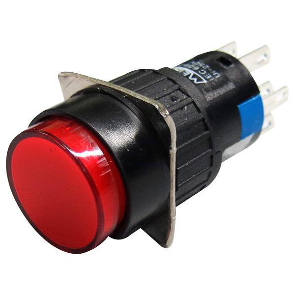 Pulsador iluminado 16mm redondo con retención rojo 220V - 2 Inversores