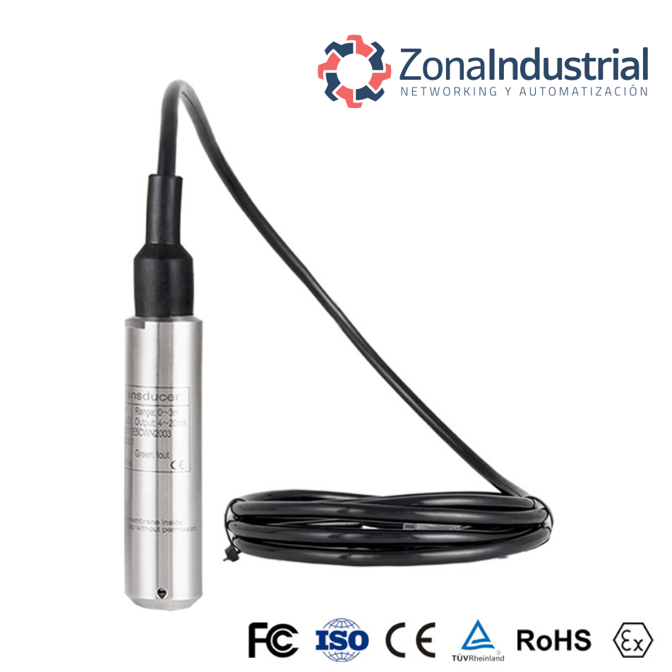 Sensor de nivel hidrostático 28mm 0 - 2,5m para pozo agua 4-20mA 5 metros de cable 0.25%FS