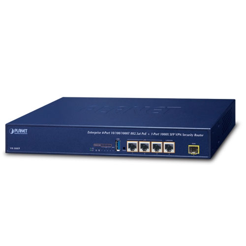 Enterprise 1-Port 1000X SFP + 4-Port 10/100/1000T 802.3at PoE VPN Security Router (Dual-WAN Failover and Load Balancing, Cyber Security, SPI Firewall, IPv4/IPv6 Filtering, Content Filtering, DoS Attack Prevention, Port Range Forwarding, SSL VPN and robust hybrid VPN (IPSec/GRE/PPTP/L2TP), IPv6, SNMP, PLANET Easy-DDNS, High Availability, AP Controller, Captive Portal, RADIUS, SFP DDM, IEEE 802.3at PoE+ with PD alive check/schedule management, 120W PoE budget)
