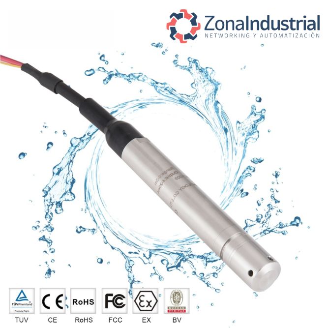 Sensor de nivel hidrostático compacto 28mm 0-100m para pozo agua MODBUS 120 metros de cable 0.25%FS