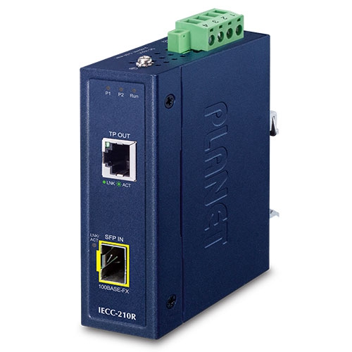 Industrial 1-Port 100TX + 1-Port 100FX SFP EtherCAT Media Converter (RJ45 Out, SFP In, -40~75 degrees C, Dual 9~48V DC,  BECKHOFF EtherCAT conformance test tool verified)