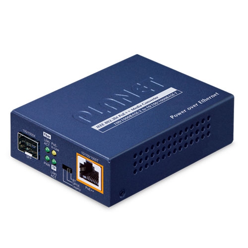 1-Port 100/1000X SFP to 1-Port 10/100/1000T 802.3bt PoE++ Media Converter (60W 802.3bt Type-3/UPoE/Legacy mode support via DIP switch, compact size) -w/external power adapter included 
