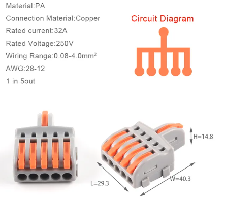 Conector tipo Wago divisor 1 entrada x 5 Salidas naranja