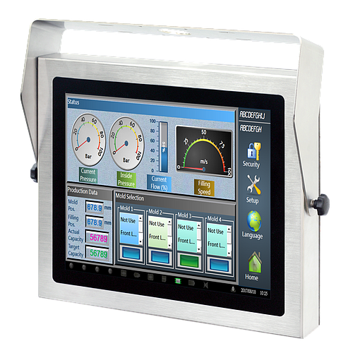17" 4:3 (1280 x 1024), 350 nits, Stainless Steel 316 Full IP66/69K Protection, with Projected capacitive touch screen, USB interface,1 VGA, 1 USB, DC 12~24V, M12 connector