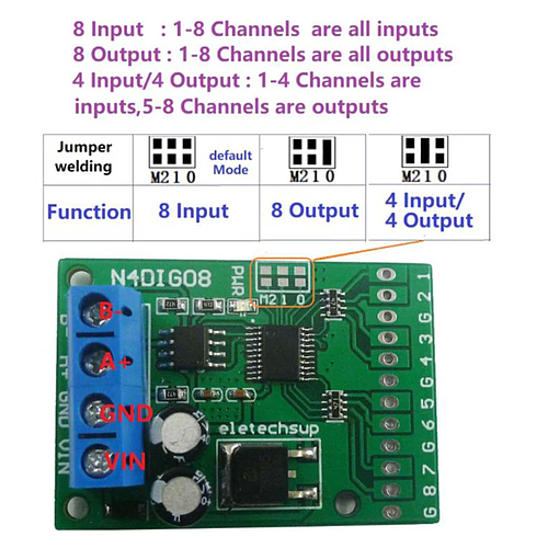 Módulo de entrada y salida RS485 TTL de 8 canales CC, interruptor Digital NPN PNP, Control de adquisición de cantidad, tres modos de función