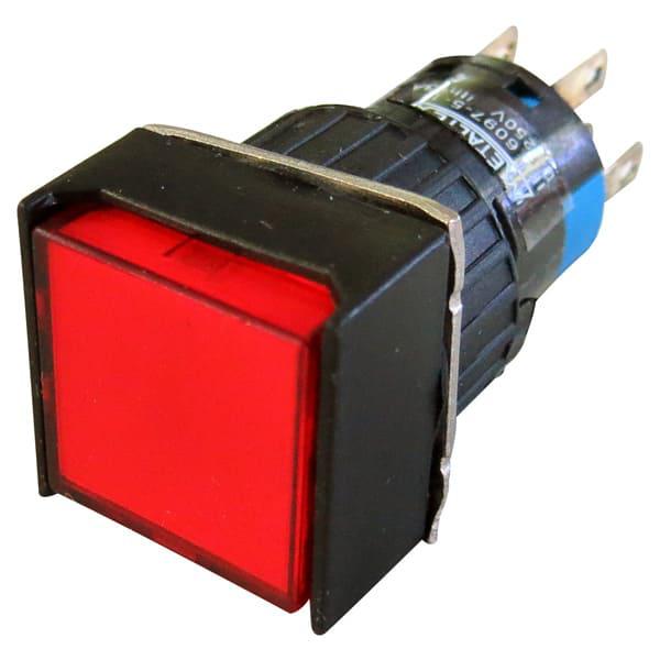 Pulsador iluminado 16mm cuadrado sin retención rojo 24V DPDT