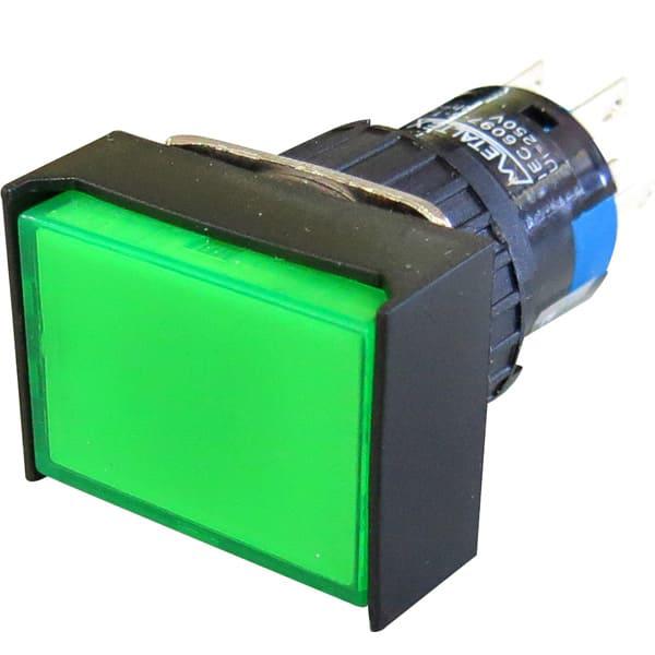 Pulsador iluminado 16mm rectangular con retención verde 220V - 2 Inversores