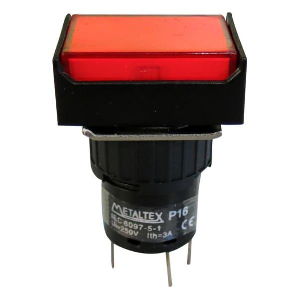 Pulsador iluminado 16mm rectangular con retención rojo 220V - 1 Inversor