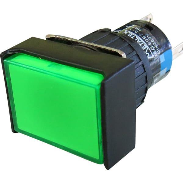 Pulsador iluminado 16mm rectangular con retención verde 24V - 1 Inversor