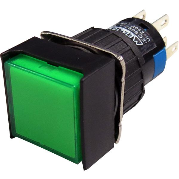 Pulsador iluminado 16mm cuadrado con retención verde 220V - 2 Inversores