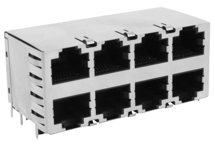 conector modular jack blindado, 90°,  RJ45 (8P8C), 8 puertos (2x4), categoría 5/5E