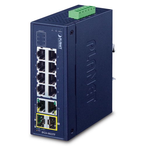 IP30 Industrial 8-Port 10/100TX + 2-Port Gigabit TP/SFP Combo Ethernet Switch (-40 to 75 C, dual redundant power input on 9-48VDC/24VAC terminal block)