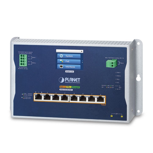 IP30, IPv6/IPv4, L2+ 8-Port 10/100/1000T 802.3bt PoE + 2-Port 1G/2.5G SFP Wall-mount Managed Switch with LCD touch screen (-20~70 degrees C, Max. 720W PoE budget, dual power input on 48-54VDC terminal block, 200m Extend mode, ERPS Ring, 1588, Modbus TCP, ONVIF, Cybersecurity features, IPv4/IPv6 Static Routing,  supports PLANET CloudViewer app and MQTT, supports 100FX, 1000X and 2.5G SFP)