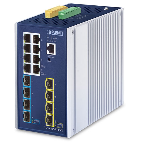 IP30 DIN-rail Industrial L3 8-Port 10/100/1000T + 4-port 1G/2.5G SFP + 4-Port 10G SFP+ Managed TSN Switch (-40 to 75 C, Time-Sensitive Networking technology, 802.1AS Time Synchronization, hardware-based 1588 PTP Master/Slave/TC/Boundary-clock, ERPS Ring, Modbus TCP, ONVIF, Cybersecurity features, Layer3 RIPv1/v2, OSPFv2/v3 routing, supports CloudViewer app and MQTT, supports 100FX, 1000X, 2.5G SFP and 10G SFP+)