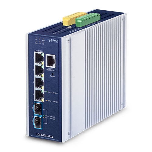 IP30 Industrial L3 4-Port 2.5GBASE-T + 2-Port 10GBASE-X SFP+  Managed Ethernet Switch (-40 to 75 C, dual redundant power input on 9~48VDC terminal block, DIDO, ERPS Ring, 1588 PTP TC, Modbus TCP, Cybersecurity features, Layer 3 RIPv1/v2, OSPFv2/v3 dynamic routing, supports MQTT, supports 1000X, 2.5G SFP and 10G SFP+)