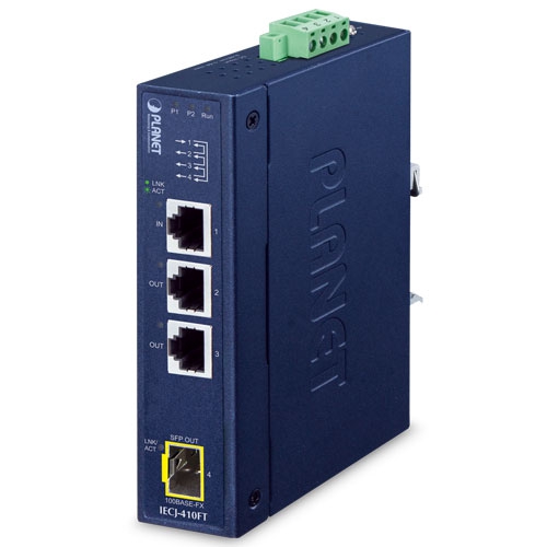 Industrial 3-Port RJ45 + 1-Port SFP EtherCAT Junction Slave (-40~75 degrees C, dual 9~48V DC, 1 x 100TX RJ45 IN, 2 x 100TX RJ45 OUT, 1 x 100FX SFP OUT,  BECKHOFF EtherCAT conformance test tool verified), co-work with IECC-210R
