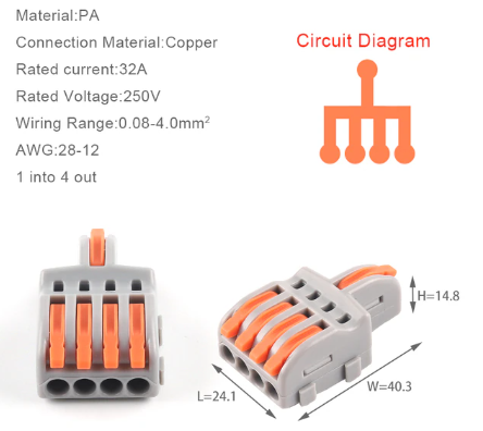 Conector tipo Wago divisor 1 entrada x 4 Salidas naranja