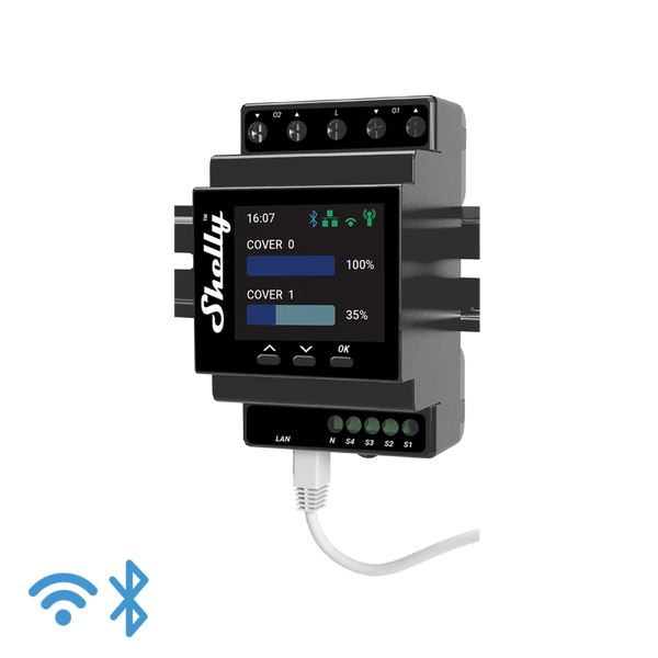 Controlador de obturador/cubierta dual inteligente de riel DIN profesional con medición de potencia. Conexión Wi-Fi, LAN y Bluetooth