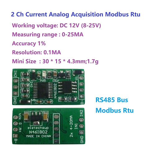 Módulo de adquisición analógica de corriente , ADC MODBUS RTU RS485, 4-20MA, DC12V, 2CH, 0-20MA con PIN